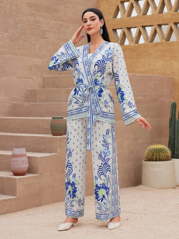 Women's Floral Printed V-Neck Belted Top And Pants Two-Piece Set