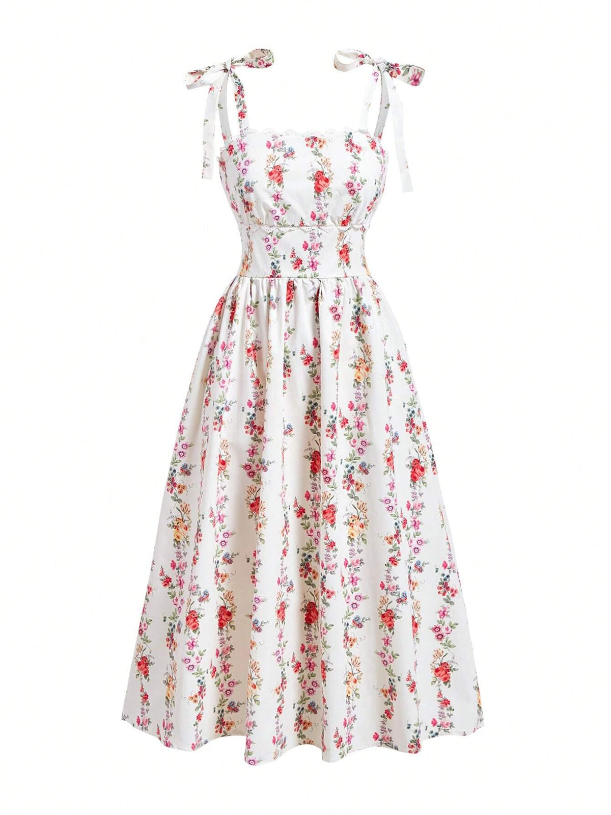 Women's Flower Printed Lace Patchwork Tie Front Sleeveless Dress With Wide Shoulder Straps For Summer
