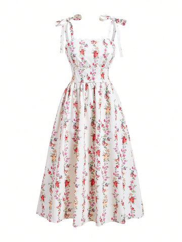 Women's Flower Printed Lace Patchwork Tie Front Sleeveless Dress With Wide Shoulder Straps For Summer