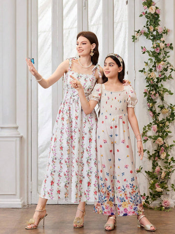 Women's Flower Printed Lace Patchwork Tie Front Sleeveless Dress With Wide Shoulder Straps For Summer