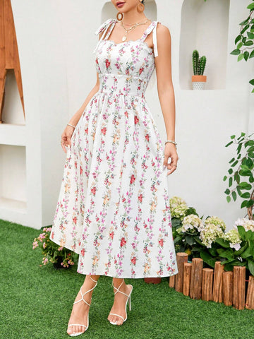Women's Flower Printed Lace Patchwork Tie Front Sleeveless Dress With Wide Shoulder Straps For Summer