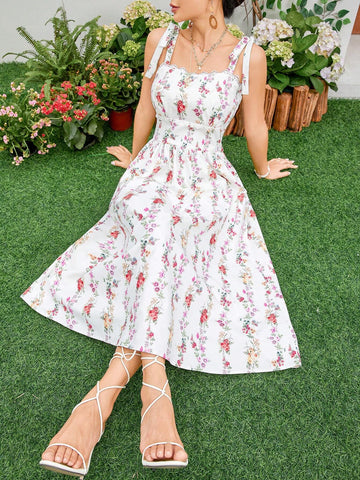 Women's Flower Printed Lace Patchwork Tie Front Sleeveless Dress With Wide Shoulder Straps For Summer