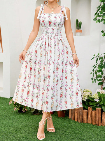 Women's Flower Printed Lace Patchwork Tie Front Sleeveless Dress With Wide Shoulder Straps For Summer