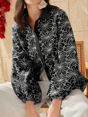 Mulvari Women's Front Button Floral Print Casual Long Sleeve Blouse