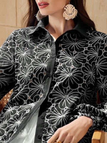 Mulvari Women's Front Button Floral Print Casual Long Sleeve Blouse