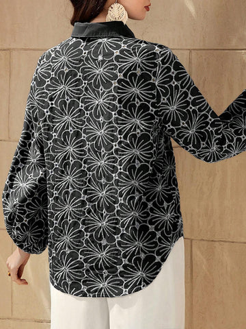 Mulvari Women's Front Button Floral Print Casual Long Sleeve Blouse