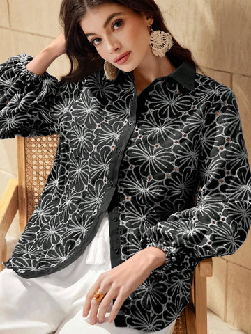 Mulvari Women's Front Button Floral Print Casual Long Sleeve Blouse