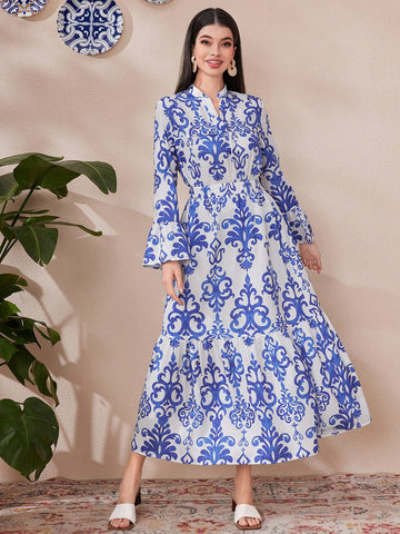 Women's Full-Print Notch Collar Blouse With Flare Sleeves And Skirt Set