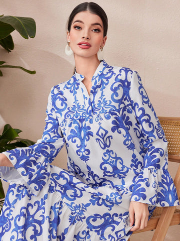 Women's Full-Print Notch Collar Blouse With Flare Sleeves And Skirt Set