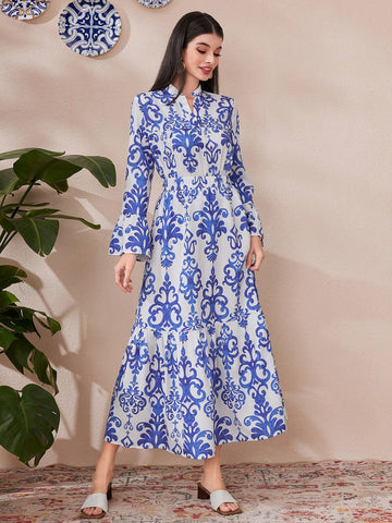 Women's Full-Print Notch Collar Blouse With Flare Sleeves And Skirt Set