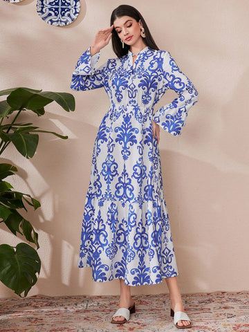 Women's Full-Print Notch Collar Blouse With Flare Sleeves And Skirt Set