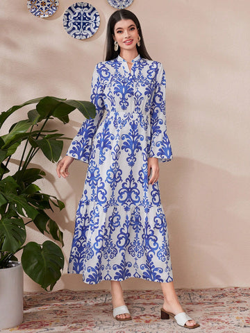 Women's Full-Print Notch Collar Blouse With Flare Sleeves And Skirt Set