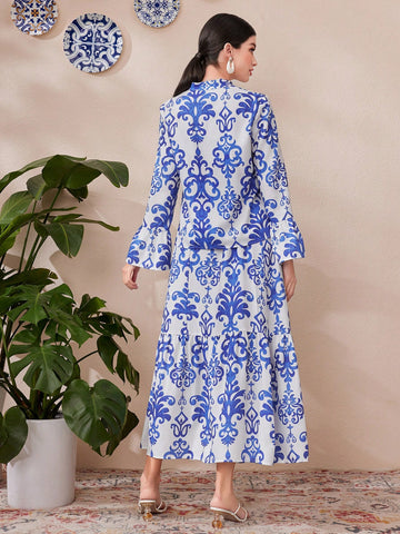 Women's Full-Print Notch Collar Blouse With Flare Sleeves And Skirt Set