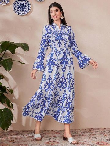 Women's Full-Print Notch Collar Blouse With Flare Sleeves And Skirt Set