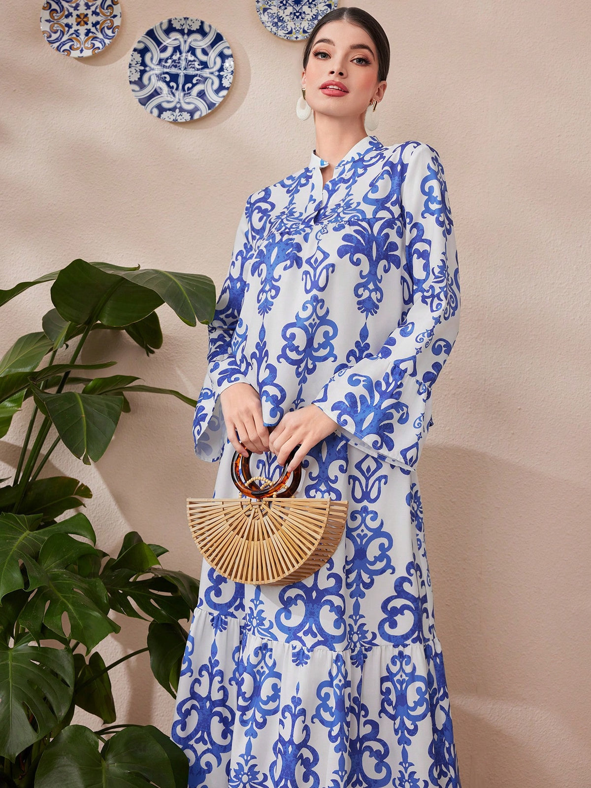 Women's Full-Print Notch Collar Blouse With Flare Sleeves And Skirt Set