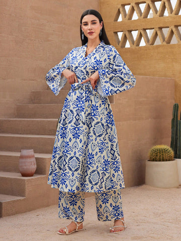 Women's Geometric Pattern Long Coat And Pants Suit