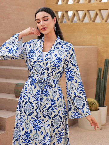 Women's Geometric Pattern Long Coat And Pants Suit