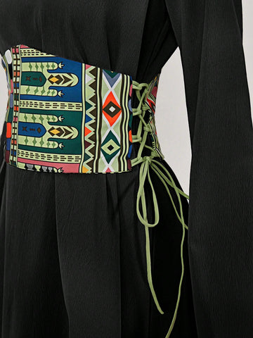 Women's Geometric Pattern Tie V-Neck Dress With Waist Cinching