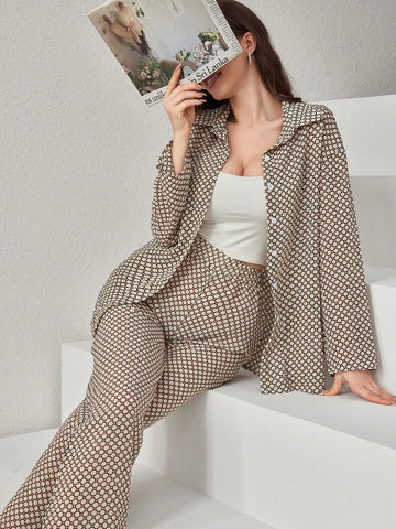 Women's Geometric Printed Long Sleeve Shirt And Pants Two Pieces Set