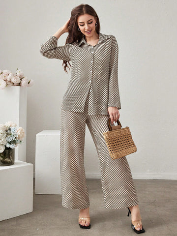Women's Geometric Printed Long Sleeve Shirt And Pants Two Pieces Set
