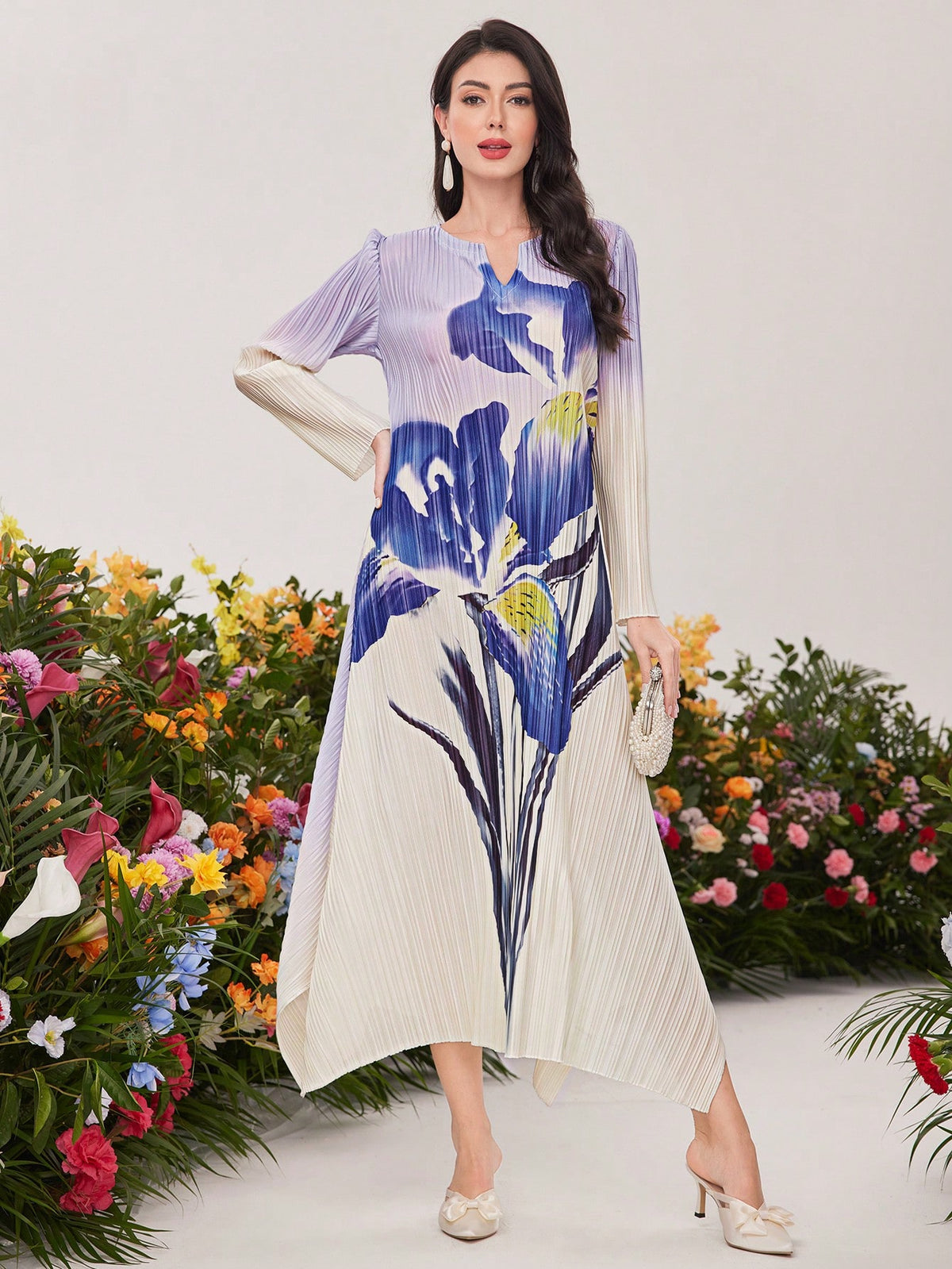 Women's Gradient Floral Print Notched Collar Dress