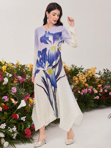 Women's Gradient Floral Print Notched Collar Dress