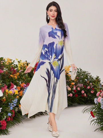 Women's Gradient Floral Print Notched Collar Dress