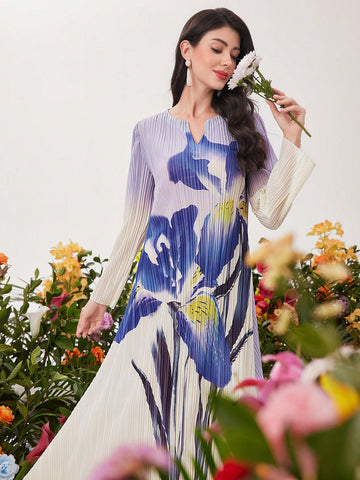 Women's Gradient Floral Print Notched Collar Dress