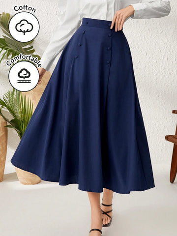 Mulvari Women's High Waisted Skirt With Double Breasted Decoration Midi Skirt