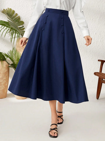 Mulvari Women's High Waisted Skirt With Double Breasted Decoration Midi Skirt