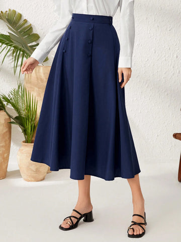 Mulvari Women's High Waisted Skirt With Double Breasted Decoration Midi Skirt