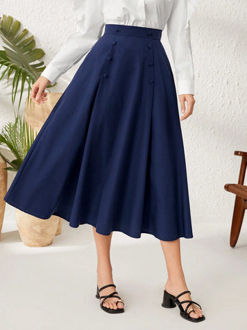 Mulvari Women's High Waisted Skirt With Double Breasted Decoration Midi Skirt