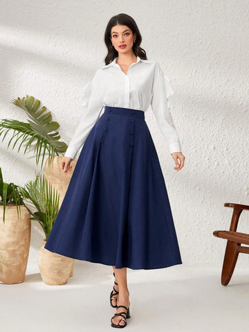 Mulvari Women's High Waisted Skirt With Double Breasted Decoration Midi Skirt