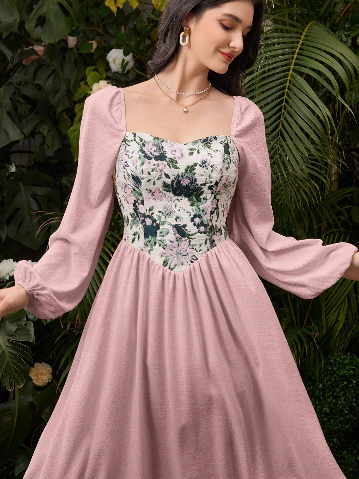 Women's Holiday Jacquard Patchwork Lantern Sleeve Maxi Dress