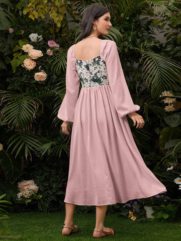 Women's Holiday Jacquard Patchwork Lantern Sleeve Maxi Dress