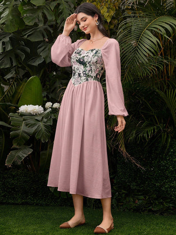 Women's Holiday Jacquard Patchwork Lantern Sleeve Maxi Dress