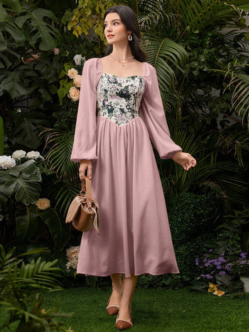 Women's Holiday Jacquard Patchwork Lantern Sleeve Maxi Dress