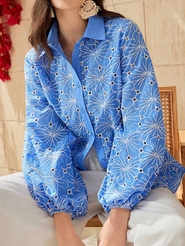 Mulvari Women's Hollow Out Flower Embroidery Lantern Sleeve Shirt