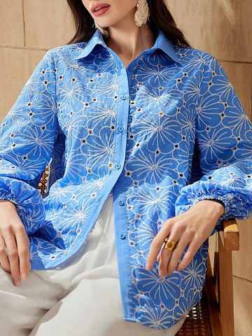 Mulvari Women's Hollow Out Flower Embroidery Lantern Sleeve Shirt