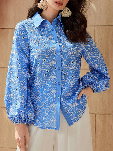 Mulvari Women's Hollow Out Flower Embroidery Lantern Sleeve Shirt