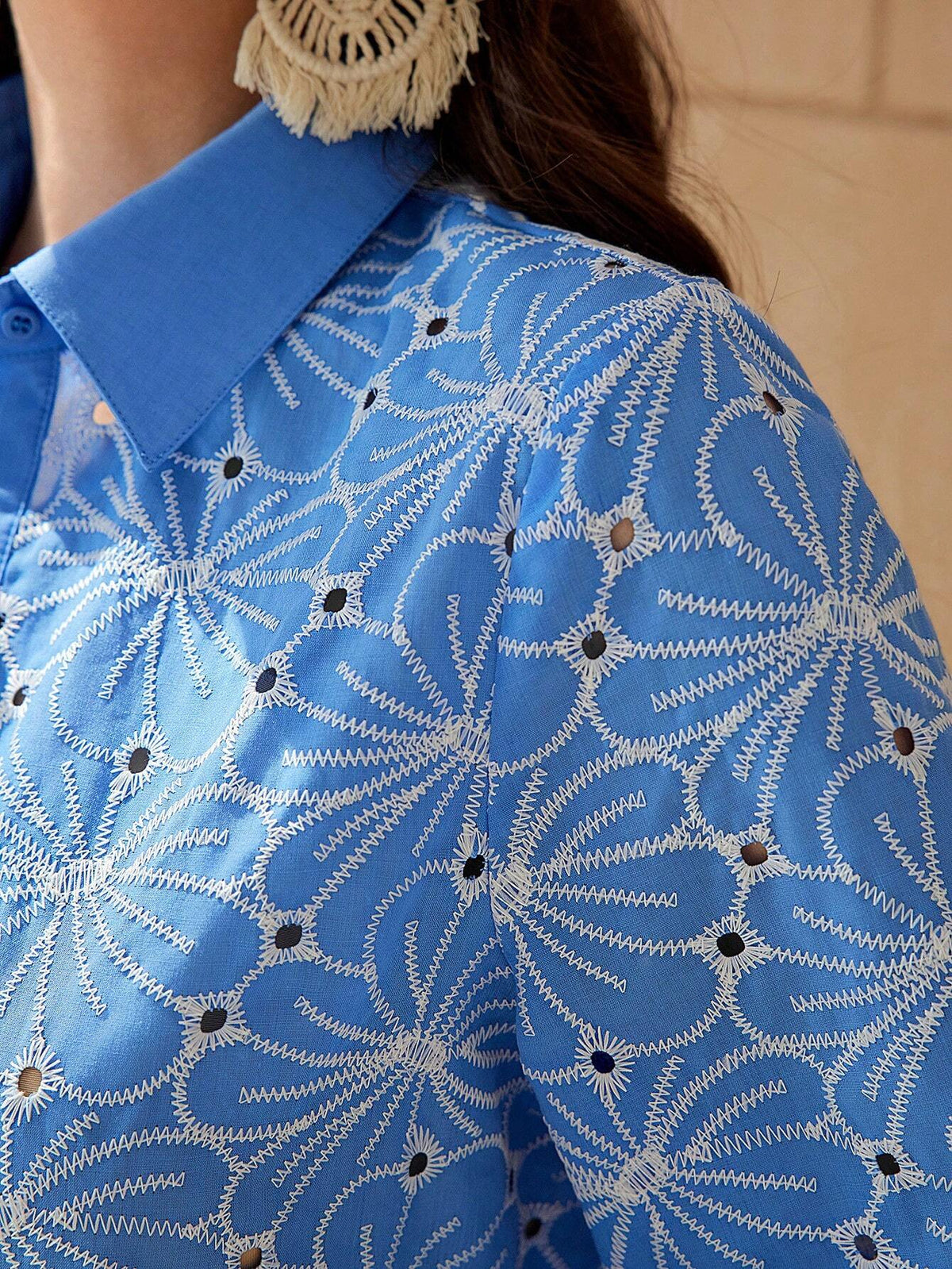 Mulvari Women's Hollow Out Flower Embroidery Lantern Sleeve Shirt