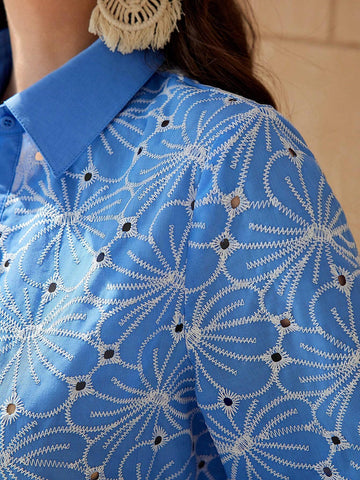 Mulvari Women's Hollow Out Flower Embroidery Lantern Sleeve Shirt