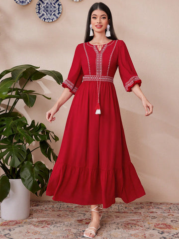 Women's Joint Woven Belt Tie Neckline A-Line Dress