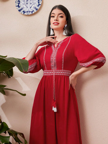 Women's Joint Woven Belt Tie Neckline A-Line Dress