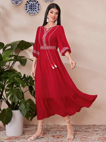Women's Joint Woven Belt Tie Neckline A-Line Dress