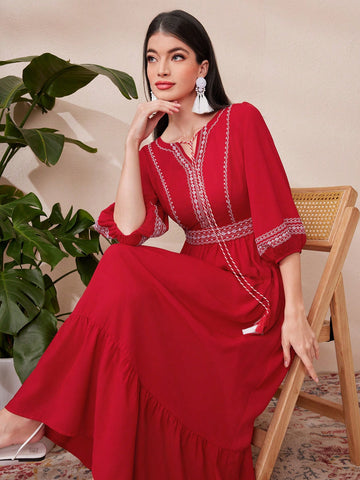 Women's Joint Woven Belt Tie Neckline A-Line Dress