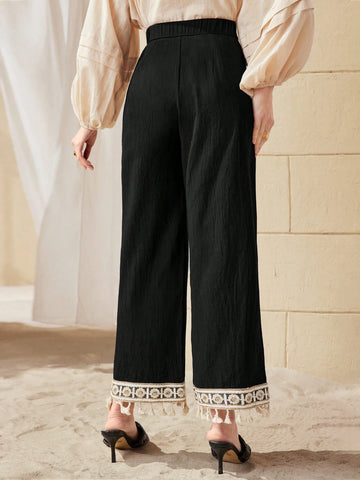 Mulvari Women's Lace Patchwork Fringe Hem Pants