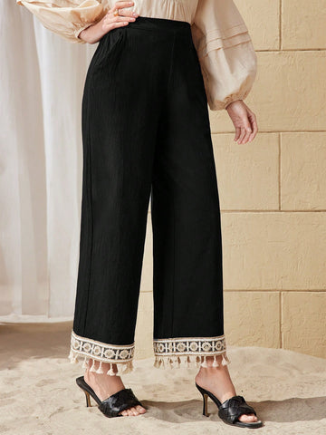 Mulvari Women's Lace Patchwork Fringe Hem Pants