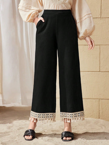 Mulvari Women's Lace Patchwork Fringe Hem Pants