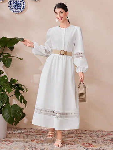 Women's Lace Patchwork Lantern Sleeve Top And Skirt Two-Piece Set